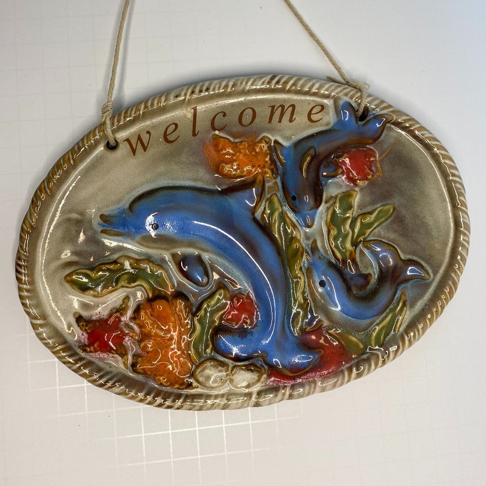Dolphins Coral Reef Ceramic Welcome Sign Ocean Beach Decor Hand-painted